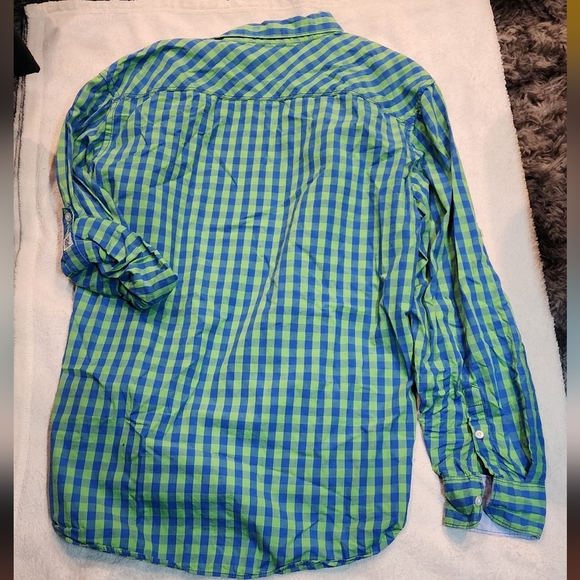 PD&C Mens Green and Blue Checkered Button Down Shirt - Picture 2 of 8